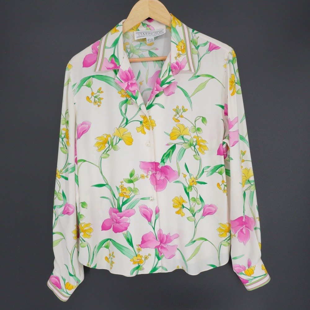 Vintage Starington 100% Silk Floral Blouse Button Up 10 Spring Secretary 90s